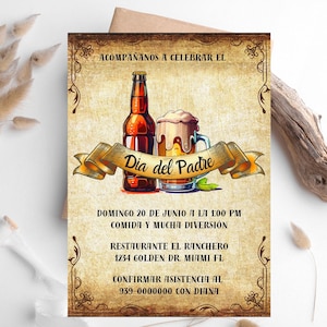Invitación Celebración Dia del Padre Rustica, Invitación del Día del Padre Español, Plantilla Canva del Día del Padre Español, Invitación a la Cerveza Española