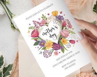 Floral Heart Mother's Day Invitation, Spring Flowers Party Invite (Canva Template)