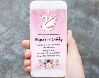 May include: A pink and white digital invitation with a white swan wearing a gold crown. The invitation reads "Please join us as we celebrate Megan's 1st Birthday. Saturday, December 20th 2022, 2:00 to 5:00 pm, Arlington Park, 1234 Valley Rd. Miami, FL 54321, Rsvp at 939-0000000 to Kelly."