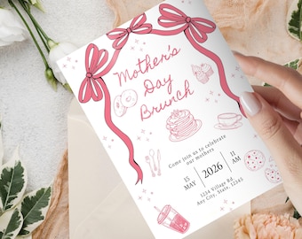 Coquette Mothers Day Brunch Invitation Canva Template, Pink Bow Aesthetic Digital Invite, Editable Printable Brunch Party, Instant Download