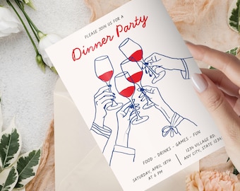 Editable Dinner Party Invitation Template Canva, Hand Drawn Wine Toast Invite, Modern Minimal Printable Dinner Party Card, Instant Download