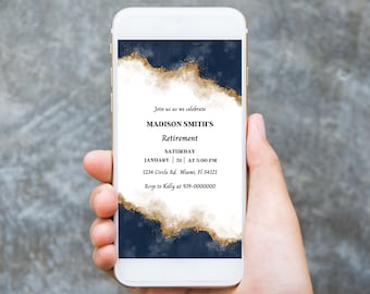 Blue and Gold Retirement Invitation Template (Canva Editable)