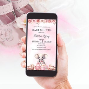 Baby Shower Spanish Digital Invitation, Girls Baby Shower Evite, Watercolor Baby Shower Invitation, Elephant Themed Baby Shower Invitation