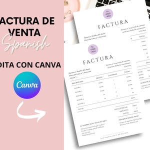 Op de afbeelding: Twee witte facturen met het woord "FACTURA" bovenaan, met een paarse logocirkel. Een laptoptoetsenbord is zichtbaar op de achtergrond. De facturen liggen op een wit oppervlak. De tekst "FACTURA DE VENTA Spanish EDITA CON CANVA" staat op een roze achtergrond.