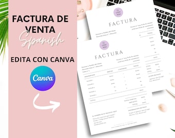 Peut inclure: Deux factures blanches avec le mot "FACTURA" en haut, avec un cercle de logo violet. Un clavier d'ordinateur portable est visible en arrière-plan. Les factures sont sur une surface blanche. Le texte "FACTURA DE VENTA Spanish EDITA CON CANVA" est sur un fond rose.