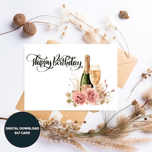 Cartão de feliz aniversário para impressão DIY 5x7, cartão de felicitações para festa de aniversário, cartão de felicitações com tema de champanhe, download digital de comemoração de aniversário,