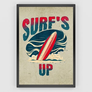 Retro Surf Poster Printable, Home Decor Surf&#39;s Up Digital Download, Surf Lover Gift, Surfing Wall Art Printable, Vintage Surf Printable