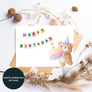 Printable Kids Birthday Card, Cute Bear Birthday Greeting Card, Bear Themed Greeting Card, Birthday Celebration Digital Download,