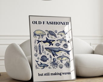 Impression d'art vintage animaux marins : illustration ludique de la vie sous-marine