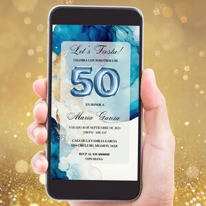 Spanish 50th Birthday Party Digital Invitation, Fiesta de Cumpleaños Invitación Electrónica, Spanish 50th Balloon Party Editable Invitation