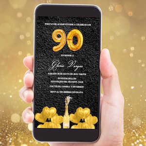 Spanish 90th Birthday Party Digital Invitation, Fiesta de Cumpleaños Invitación Electrónica, Spanish 90th Balloon Party Editable Invitation