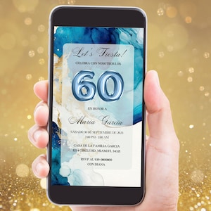 Spaanse 60e verjaardag digitale uitnodiging verjaardagsfeestje, Fiesta de Cumpleaños Invitación Electrónica, Spaanse 60e ballonfeest bewerkbare uitnodiging