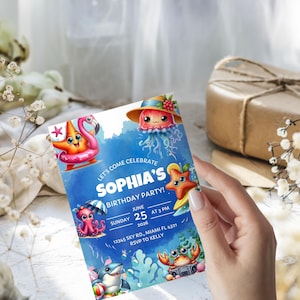 Editable Sea Animals Birthday Invitation for Kids, Cute Ocean Theme Party Printable with Shark, Starfish & Octopus, Canva Template Download
