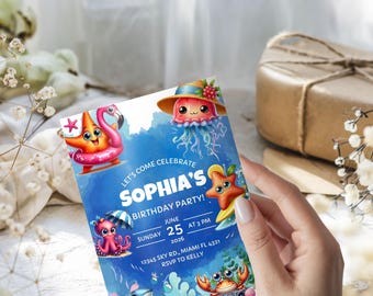 Sea Animals Birthday Invitation: Ocean Theme Party, Canva Template (Digital Download)