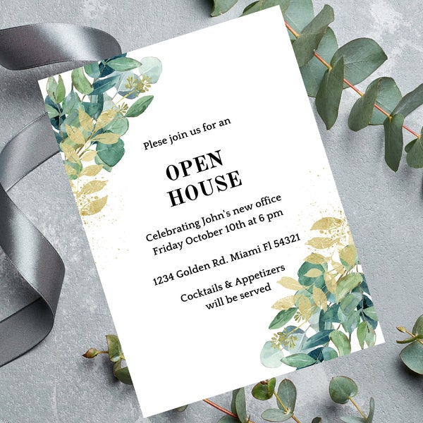 Open House Digital Invitation, New Office Invitation Template, Greenery Open House Evite, Business Event Electronic Invitation