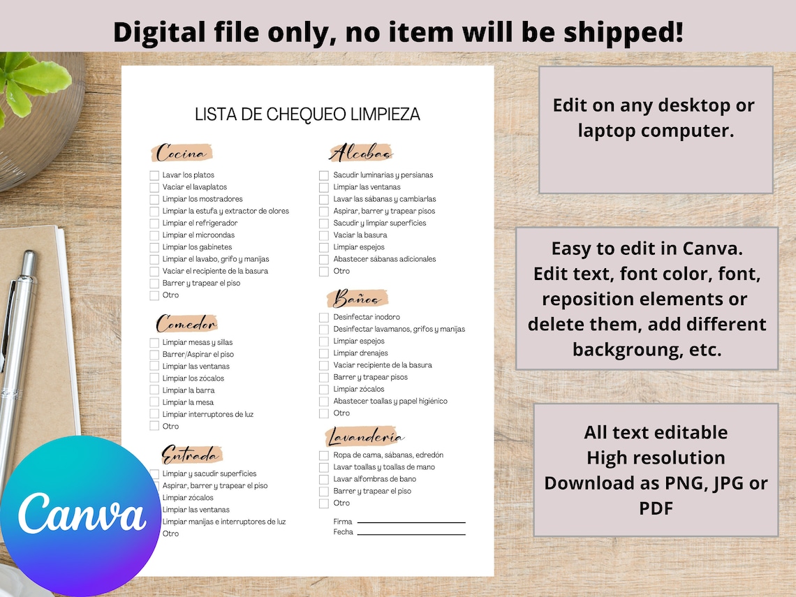 Spanish Housekeeping Checklist Template, Housekeeping Cleaning Planner