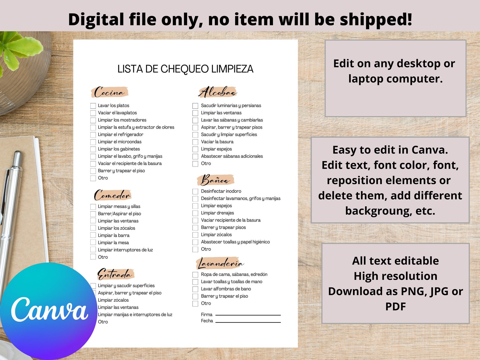 Spanish Housekeeping Checklist Template, Housekeeping Cleaning Planner
