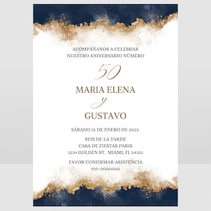 Spaanse uitnodiging voor feest 50e verjaardag, Spaanse elektronische uitnodiging, Invitacion Fiesta Aniversario de Bodas Azul y Dorada, Gold Evite