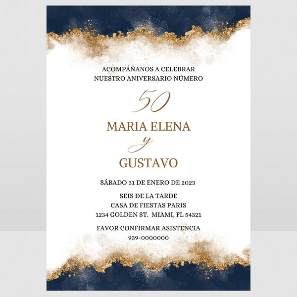 Spanish 50th Anniversary Party Invitation, Spanish Electronic Invitation, Invitacion Fiesta Aniversario de Bodas Azul y Dorada, Gold Evite