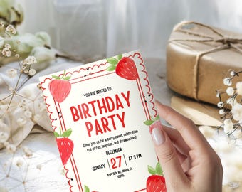 Strawberry Birthday Invitation: Editable Kids Party Template (5x7 inches, Digital Download)