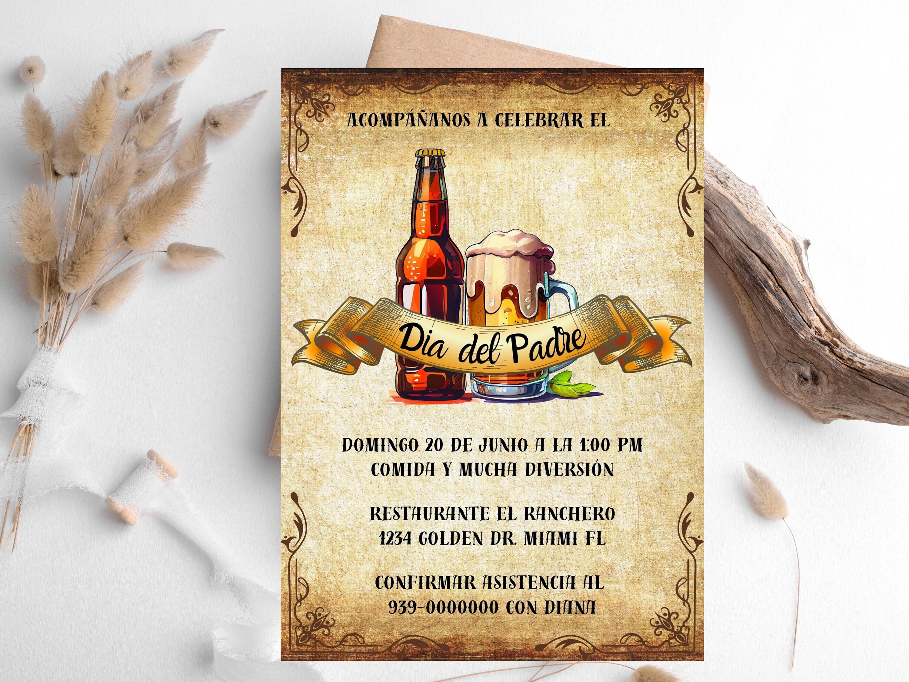 Invitación Celebración Dia del Padre Rustica, Spanish Father's Day Invitation, Spanish Father's Day Canva Template, Spanish Beer Invitation