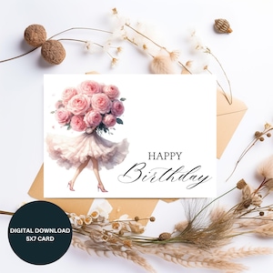 Cartão de feliz aniversário para impressão DIY 5x7, cartão de felicitações para festa de aniversário, cartão de felicitações com tema de rosas, download digital de comemoração de aniversário,