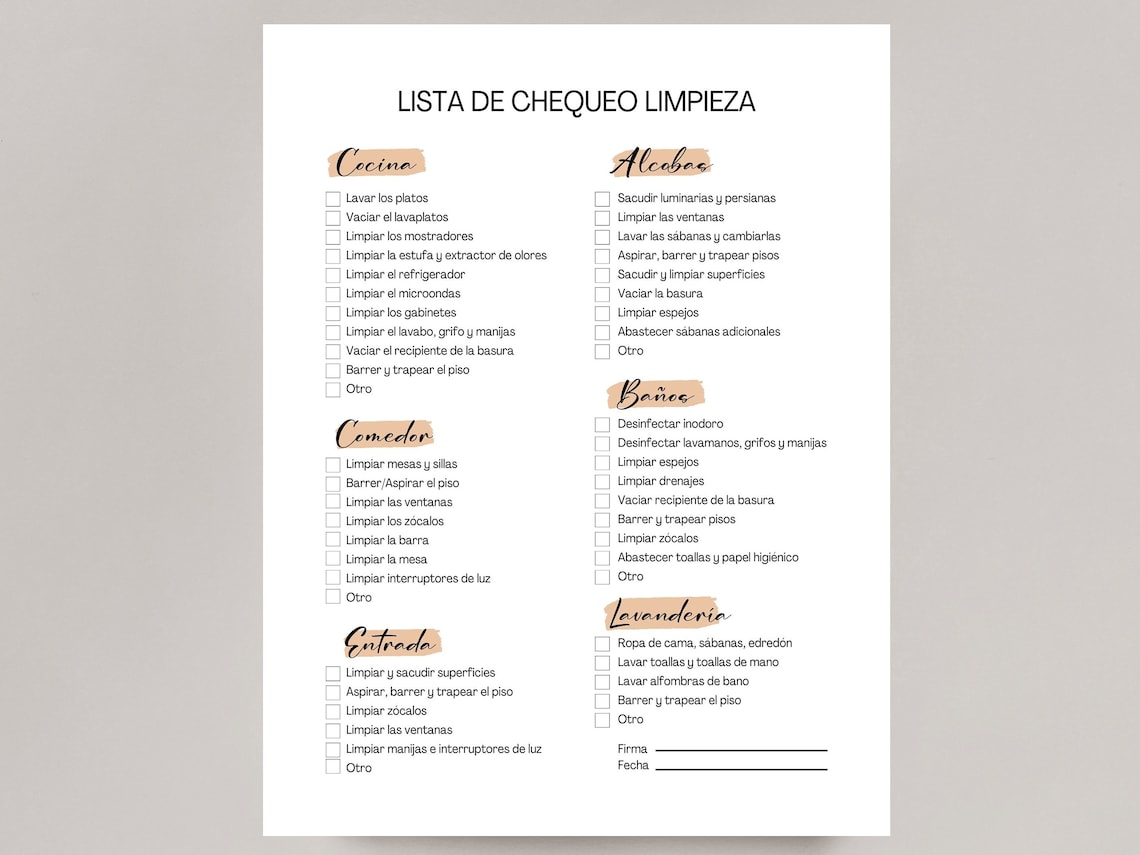 Spanish Housekeeping Checklist Template, Housekeeping Cleaning Planner