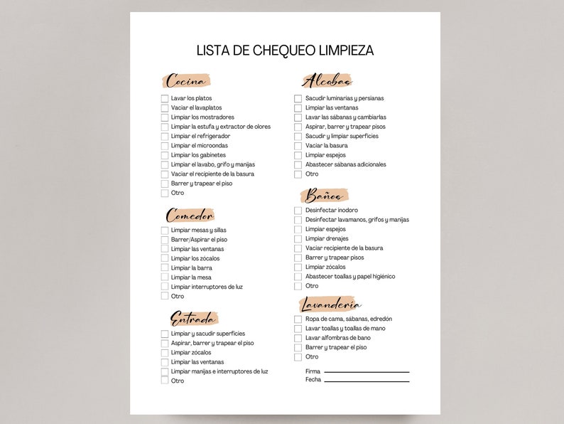 Spanish Housekeeping Checklist Template, Housekeeping Cleaning Planner