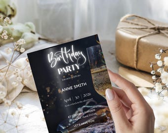May include: A black and white birthday party invitation with the text "Birthday PARTY" in elegant script. The invitation includes details like the date, time, and location, with a champagne glass graphic. The invitation is held by a person.