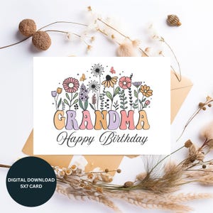 Feliz aniversário para a avó para impressão 5x7, cartão de felicitações de aniversário da avó, cartão de felicitações com tema floral, download digital de festa de aniversário