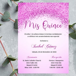 Convite Espanhol de 15º Aniversário, Invitación Cumpleaños Quinceañera, Celebración 15 Años Plantilla Editável, 15º Convite Roxo Glitter