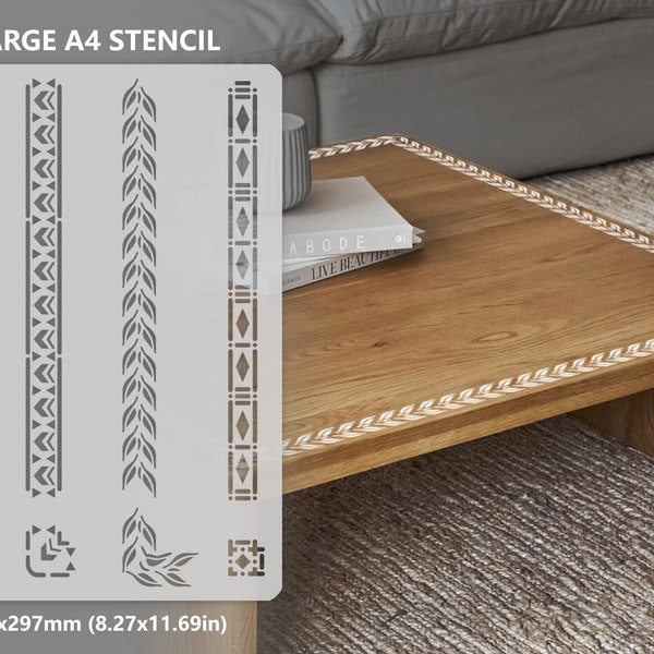 Large A4 Border Stencil / Border Template Set With Corners, Reusable Template, For Furniture, Walls, and Art