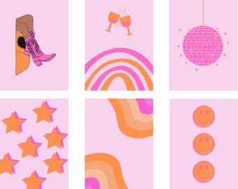 trendy wall art set of 6, pink & orange, dorm decor, print poster, cowgirl boot, rainbow, disco ball, star, smiley face, melt gradient wave