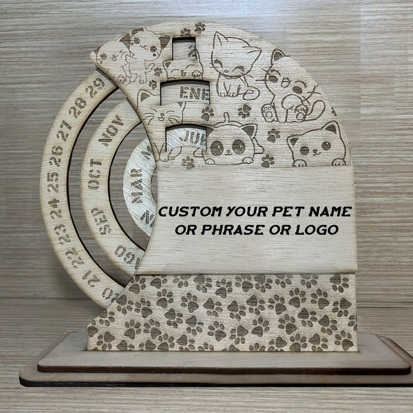 Calendario perpetuo Tematica Gato Mascota Perro - Calendario rotativo de mesa de madera  - Calendario personalizado - Uso de por vida