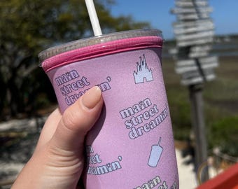 Disney Inspired Coffee Sleeve, Main Street Dreamin Cold Cup Cozy, Reusable Iced Coffee Sleeve, Pastel Tumbler Sleeve
