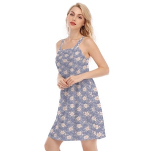 women elegant blue floral midi cami dress Blue Floral Midi Summer Dress with Short Puff Sleeves Blue Floral / Small