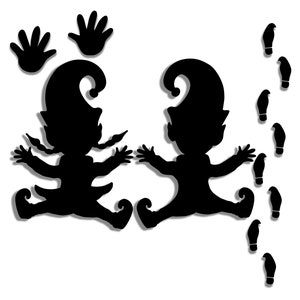 Puede incluir: Silueta negra de dos elfos con sombreros puntiagudos y zapatos rizados, con los brazos extendidos. También se incluyen dos siluetas de manos y un rastro de huellas. La imagen está sobre un fondo blanco.