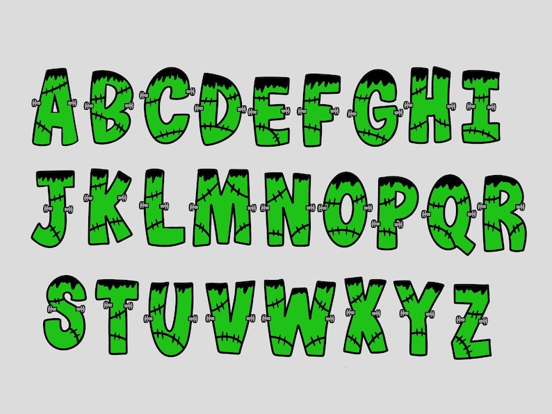 K&ouml;nnte beinhalten: Gr&uuml;nes Alphabet mit schwarzen Umrissen und N&auml;hten, die an Frankensteins Monster erinnern. Jeder Buchstabe hat kleine silberne Bolzen, die die N&auml;hte halten.