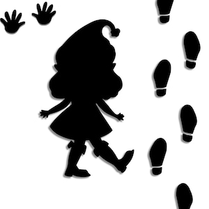 May include: Silhouette of a girl wearing a hat and a dress, walking to the right, leaving a trail of footprints behind her.