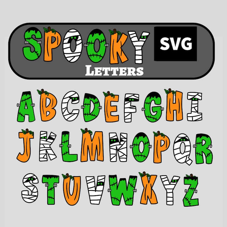 K&ouml;nnte beinhalten: Gruselige Buchstaben des Alphabets in Gr&uuml;n, Orange und Wei&szlig; mit Mumienbinden, N&auml;hten und K&uuml;rbisspitzen. Die Buchstaben sind in Gro&szlig;buchstaben und buchstabieren "SPOOKY LETTERS" mit dem Wort "SVG" in einem schwarzen Kasten.