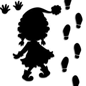 May include: Silhouette of a girl wearing a hat and a dress, walking and leaving a trail of footprints behind her.