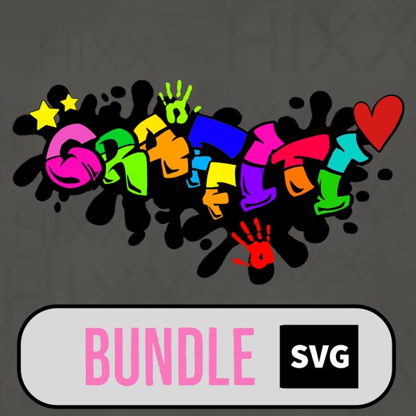 Graffiti Bundle SVG, Graffiti Letters Svg, Paint Splatter Svg, Handprints Svg, Hearts Svg, Stars Svg.