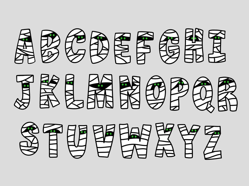 K&ouml;nnte beinhalten: Ein Alphabet aus Mumienbuchstaben mit gr&uuml;nen Augen. Jeder Buchstabe ist wei&szlig; mit schwarzen Umrissen und einem Mumienbandagenmuster.