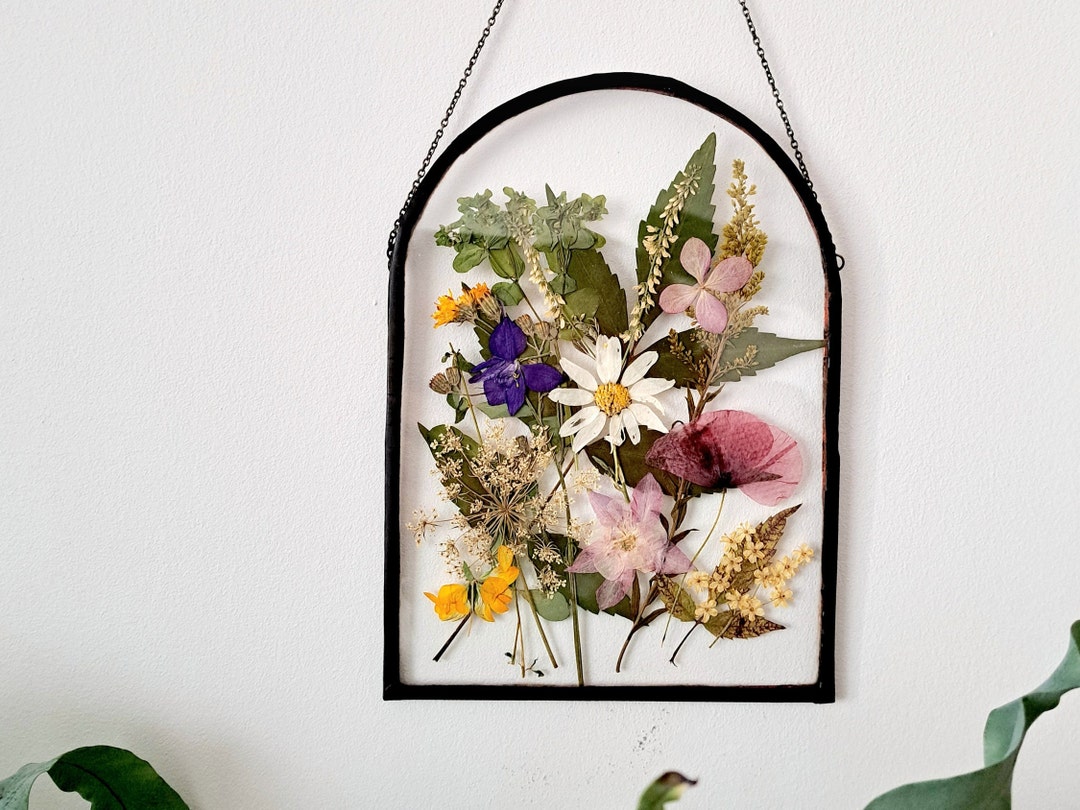 Pressed Flower Frame Stained Glass Decor Dried Flower Art in Floating Frame  Real Flowers Arched Herbarium Natural Botanic Wall Hanging 