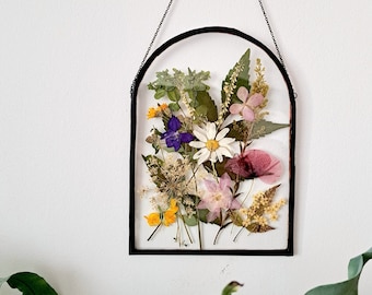 Pressed flower frame stained glass decor | dried flower art in floating frame | real flowers arched herbarium | natural botanic wall hanging