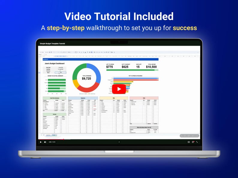 Może przedstawiać: Ekran laptopa wyświetlający cyfrowy szablon panelu budżetowego z wykresami, tabelami i danymi finansowymi. Tekst Video Tutorial Included oraz A step-by-step walkthrough to set you up for success pojawiają się nad ekranem na niebieskim tle.