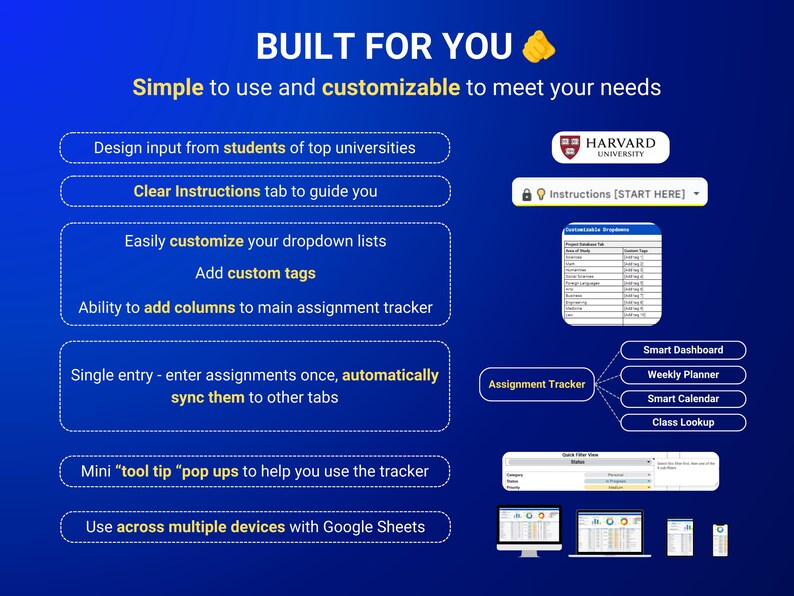 Op de afbeelding: Een digitale productinfographic op een blauwe achtergrond met de titel BUILT FOR YOU. Het bevat tekst die functies beschrijft zoals aanpasbare vervolgkeuzelijsten, taakvolging en Google Sheets-compatibiliteit, naast iconen van een computer en mobiele apparaten.