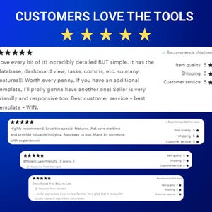 May include: Five-star customer reviews for a digital product. The reviews highlight the product's ease of use, detailed features, and excellent customer service. The text includes phrases like "Incredibly detailed BUT simple", "Worth every penny", "Love the special features", "Efficient, user-friendly", and "Easy to use".