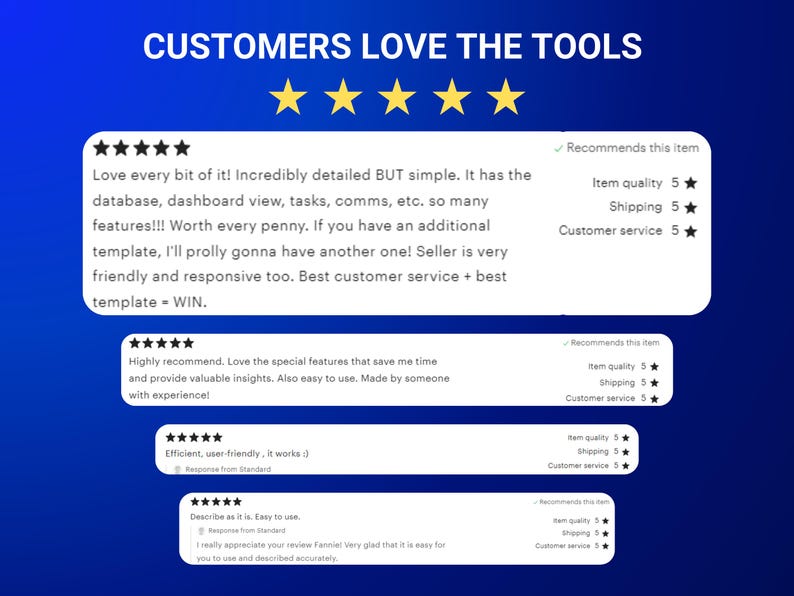 May include: Five-star customer reviews for a digital product. The reviews highlight the product's ease of use, detailed features, and excellent customer service. The text includes phrases like "Incredibly detailed BUT simple", "Worth every penny", "Love the special features", "Efficient, user-friendly", and "Easy to use".