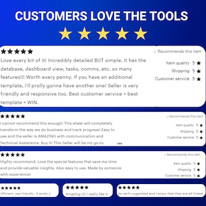 Op de afbeelding: Een blauwe grafische weergave met de titel CUSTOMERS LOVE THE TOOLS en vijf gele sterren. Het bevat meerdere vijfsterrenrecensies met tekst die een digitale sjabloon, database en dashboard prijst, naast beoordelingen voor kwaliteit en service.